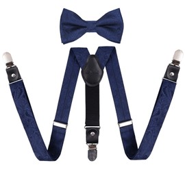 Alizeal Boys Adjustable Floral Paisley Pre-tied Bow Tie and Y Shape 3 Clips Braces Set, Dark Navy