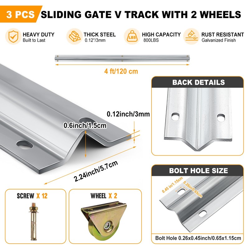 Otoolling 12ft Sliding Gate V Track Kit, 3 x 4ft
