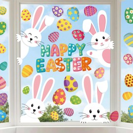 Adurself 9 Sheets Happy Easter Window Clings, Bunny & Colorful Eggs Static Window Stickers, Double-Sided Removable Easter Window Decorations for Home, Store, Office