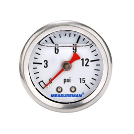MEASUREMAN 1-1/2" Dial Size, Glycerin Filled Fuel Pressure Gauge, 304 Stainless Steel case, 0-15Psi, 3-2-3%, 1/8"NPT Back Mount