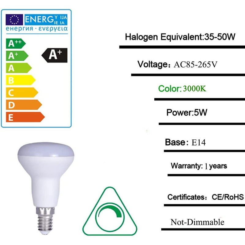R50 LED Light Bulbs 5W (45W Incandescent Bulb) 3000K R50
