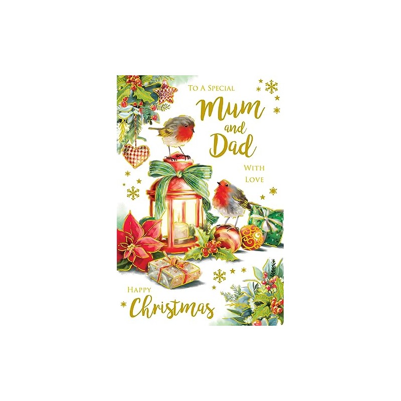 Mum & Dad Christmas Card Traditional Lantern Gifts Robin 9"