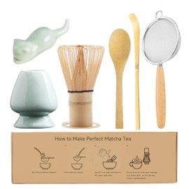 JavaNest 6-Piece Bamboo Matcha Whisk Set - Includes Chasen Whisk, Whisk Holder, Stainless Steel Sifter, Scoop, Spoon, Spoon Holder - Perfect for Traditional Japanese Matcha Preparation (Green)