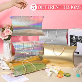 Pineraap 10 Pack Pillow Boxes, 12.6 x 7.8 x 2.3 inches Silver Pillow Candy Box Shiny Gift Box with Handles for Weddings Parties Birthdays Holidays, Silver