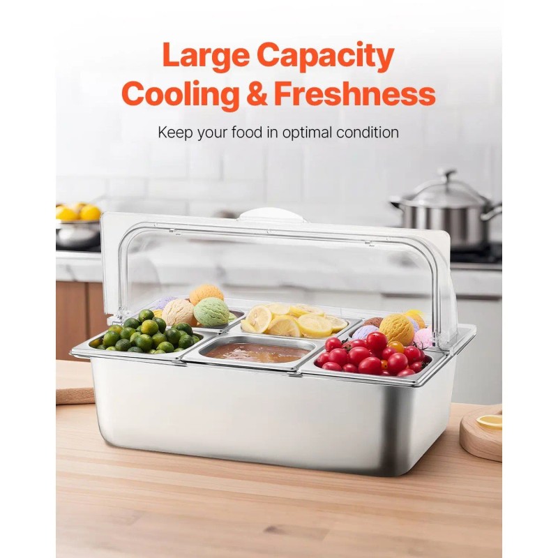 Stainless Steel 6 Pan Countertop Food Serving Tray With Clear