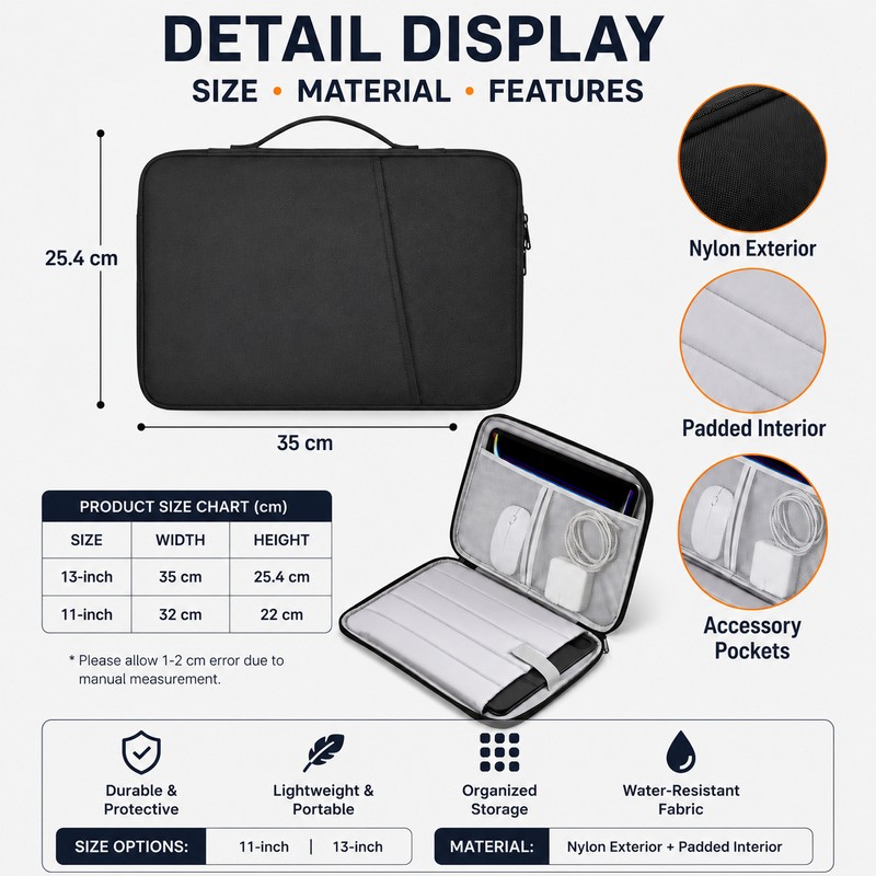 Laptop Sleeve Case for 11–13.6 Inch Laptops - Padded Nylon