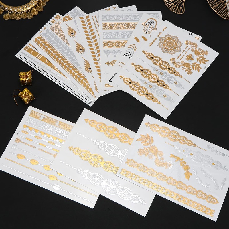 80+ Patterns Gold Festival Tattoos, Metallic Tattoo, Waterproof, Temporary Tattoos