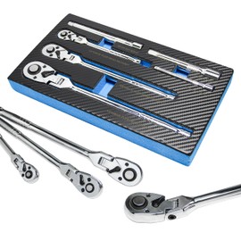 Yalblee 6-Piece Flex Head Ratchet Set, Swivel Head Ratchet Wrench with 1/4", 3/8", 1/2" Drive, Swivel Ratchet with Extension Bar, 72-Tooth Flexible Wrench Handle, 180° Adjustable with EVA Foam