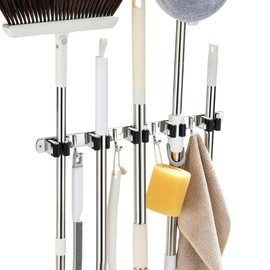 Fenas Broom Holder Wall Mount, Mop Organizer, 5 Racks, 4 Hooks, Heavy Duty