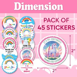 Pack 45 Pcs Thank You Stickers for Party Favors Kids Girls Boys Toddlers Colorful Labels Birthday Supplies Funny Cute Aesthetic Sticker Round Waterproof Small Vinyl Decals Bulk