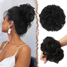FESHFEN Large Messy Bun Hair Piece - Wavy Synthetic Chignon Scrunchies Elastic Ponytail Hair Extensions Thick Hairpieces for Women, Natural Black 1.94oz
