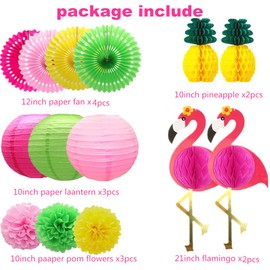 Flamingo Party Honeycomb Decorations, Flamingo and Pineapple Flags, Hanging Paper Fans, Pineapple Paper Lanterns and Paper flower ball for Hawaiian Summer Beach Parties, Luau Decoration Party