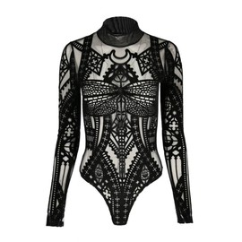 Restyle Clothing Cathedral Dragonfly Womens Body Gothic Occult Witchy Black Long Sleeve Top, Velvet Mesh Bodysuit