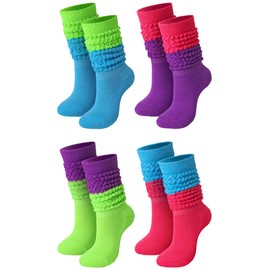 Janmercy 4 Pairs Slouch Socks for Women Bulk Stacked Socks Boot Socks 80s 90s Neon Slouch Socks Knit Scrunchie Socks(Medium,Mix Color)