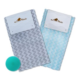 myHomeBody Extra Long Exfoliating Washcloth | Exfoliating Body Scrubber | Exfoliating Towel, Japanese Washcloth | 3D Texture Silver Grey and Arctic Blue Chevron, Set of 2 with Bonus Facial Brush