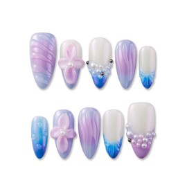 Zfans Almond Shape DreamWear Collection - 100% Handcrafted 3D Press-On Nails | Reusable, Long-Lasting, Salon-Quality Mint Bloom Eco-Friendly Nail Art Set:_Aurora Pearl_m