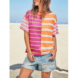 Tankaneo Womens Summer Striped Shirts Casual Color Block Short Sleeve Tops Loose Fit Crew Neck Tees Orange