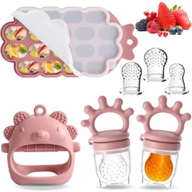 Guante de Dentición de Silicona para Bebés, Chupon para Frutas con Bolsa de Comida Reemplazable, Bandejas Congeladoras para Comida de Bebé, Sin BPA, Chupete Complementario para Bebé 0 a 6 Meses (Rosa)