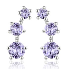 Sterling Silver Stud Earrings for Women Girls, Hypoallergenic Silver Climber Stud Earrings with 3 Stone Purple Cubic Zriconia Jewelry Gifts for Birthday Wedding
