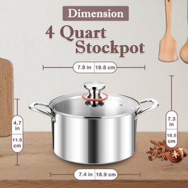 Herogo 4 Quart Stock Pot, 18/10 Stainless Steel Cooking Pot with Lid, Tri-Ply Pasta Pot with Handles, 4 QT Stockpot for Induction Gas Electric Stove, Dishwasher Safe