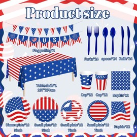 Hokoad 4th of July Party Tableware 170pcs, Patriotic Dinner Plates, Dessert Plates, Napkins, Tablecloths, Cups, Banners for Independence Day Party, Memorial Day