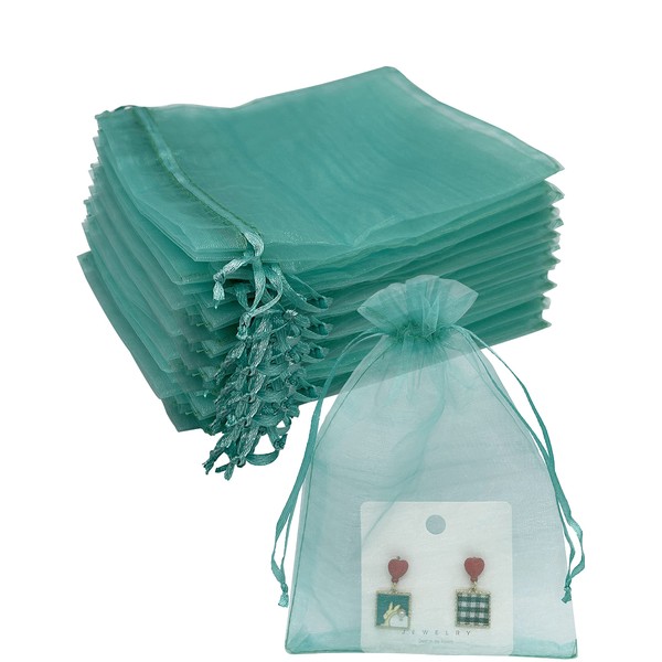Jexila 100PCS Sheer Organza Bag 5''X7'' Teal Mesh Bags Drawstring Jewelry Gift Bag for Baby Shower Wedding Party Favor Pouch Goodie Bags (Aqua)