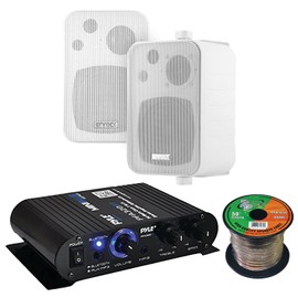 Pyle PFA330BT 2-Channel 90 Watt Max Power Bluetooth AUX Compact Class T Amplifier System Combo Bundle with 2X 4 30 Watts Max Power 3-Way in Door/Out Door White Box Speakers, 16 Gauge Speaker Wire
