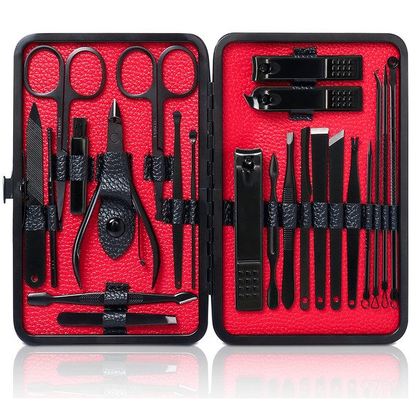 JUPELI Manicure Set, 23-Piece Nail Set Men, Nail Scissors Set, Nail Care Set, Nail Case, Men's Nail Clippers, Stainless Steel, Portable Care Tools Made of Black Leather for Travel (Black Red)