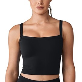 UNISSU Hugcurve Adjustable Longline Sports Bra Square Neck Workout Tank Crop Tops for Women with Built in Bra Padded Camisole Black Medium