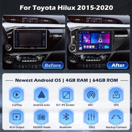 [4+64G] Hikity Android 15 Car Stereo for Toyota Hilux 2015-2020 with Wireless Carplay Android Auto, 10'' IPS Touch Screen Radio Bluetooth Mirror Link GPS WiFi SWC AI DSP/FM/RDS/32EQ Backup Cam+Mic