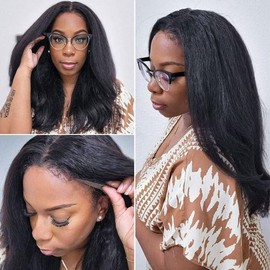 13X4 Lace Front Wig With Curly Edges Hairline 180% Density Kinky Straight Human Hair Wigs for Black Women Yaki Straight HD Lace Wig with Curly Baby Hair Glueless Wigs for Women Natural Black 16 Inch