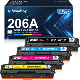 206A M283fdw Toner Cartridge Replacement for HP 206A Toner Cartridges 4 Pack Set for Color Pro MFP M283fdw M283cdw M283fdn M282mw Pro M255dw M255nw M283 M255 Printer Ink W2110A (BCMY)