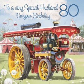 Hunts England - 80th Husband Traction Engine Birthday Card - Age 80 Card For Husband - Steam Tractor - Milo's Gallery - Age Eighty Birthday - 80 Year Old