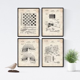 Nacnic Board Games Patent Poster Set of 4. Vintage Style Wall Decoration Illustration of Leisure and Old Inventions. Various Family Games Pictures Without Frames. Size A4