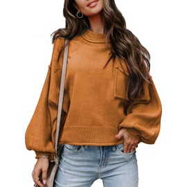 EVALESS Plus Size Sweater for Women Crewneck Lantern Sleeve Ribbed Sweaters Casual Chunky Cable Pullover Knitwear Tops Winter Clothes Orange 2X
