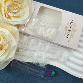 White Press on Nails Short Fake Nails with 3D Water Ripple Designs Square Nails Press ons Summer Glue on Nails Glossy Acrylic Nails Simple False Nails Cute Nails Stick on Nails for Women 24Pcs