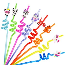 Ynaice 8 Pieces Reusable Drinking Straws Plastic Novelty Straws Colourful Curly Straws Unicorn Panda Cat Dino Kids Straws for Birthday Party Favors Family Supplies Party Decorations