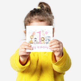 Happy 1st Birthday Card, Cute Safari Animals (Pink)