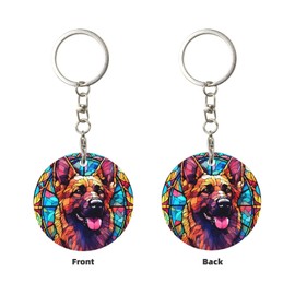 Novgift German Shepherd Stained Dog Breed Glass Art Round Metal Keychain Key Holder Pendant