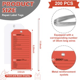 200 Pack Red Repair Tags with Wire Rope Service Repair Tags Numbered with Wire Durable 2.6 x 5.25 Inch Labels for Production Equipment Maintenance Price Notice with Stub (200)