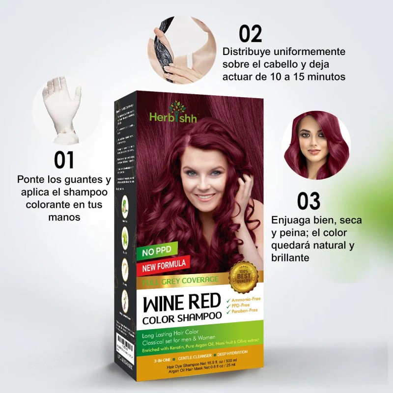 Shampoo Tinte Cubre Canas Rojo Vino Herbishh 500ml