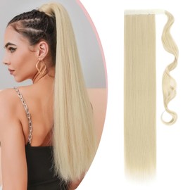 Wrap Around On Ponytail Extension Long Straight Wavy Clip In On Ponytail One Piece Synthetic Heat Resistant Magic Paste Wrap Pony Tail Hairpiece Soft Silky (26"Straight,Bleach Blonde)