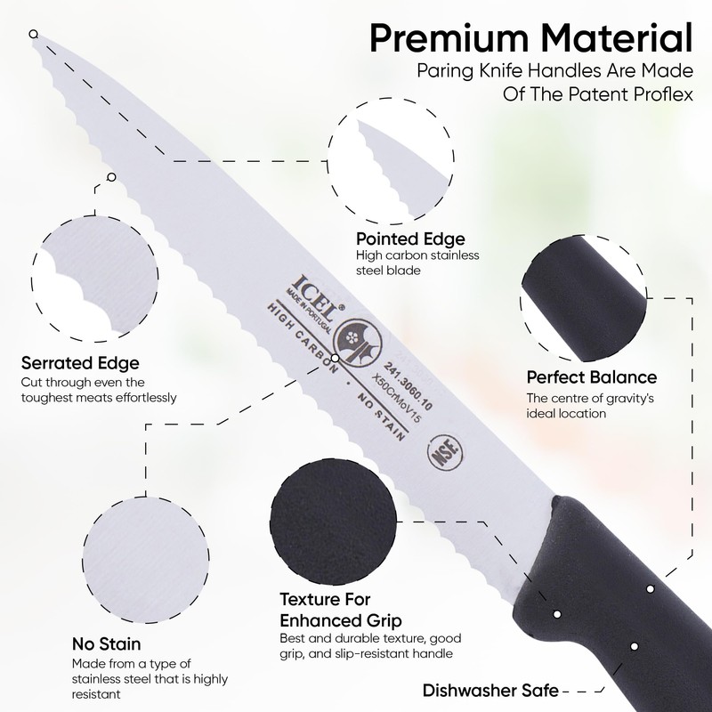 ICEL 4 Inch Paring Knife, Serrated Edge - Point Tip