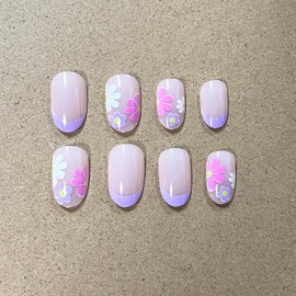 MERVF Short Press on Nails Round Fake Nails Press ons Purple French Tip Glue on Nails Oval Acrylic False Nails with Flower Pattern Design Glossy 24pcs