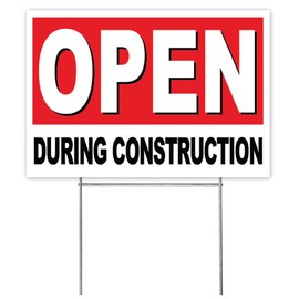 Generic 4 Less Co 18x12 Inch OPEN DURING CONSTRUCTION Lawn Yard Sign with Stake rwb1s, Small, Red