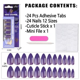 Purple Press on Nails Medium Almond Stick on Nails Temperature Sensitive Color Change Design Fake Nails with Nail Glue Acrylic Nails for Women DIY Manicure Tips Party Nails Decoration