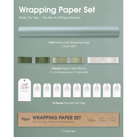 Keypan Sage Green Gift Wrap Paper Roll Set with Ribbon & Tags, 17" x 33 ft