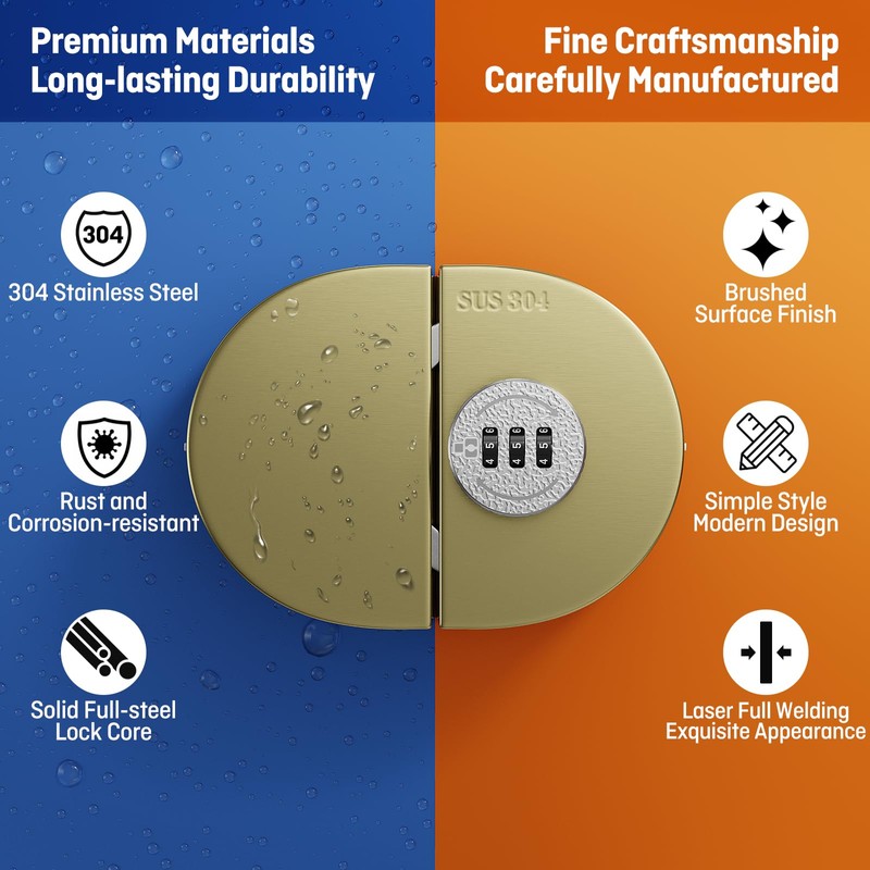 Ranbo Frameless Mechanical Combination Glass Door Lock, No-Drill Installation, Fits