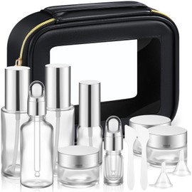 Jingmore 13 Pcs Glass Skincare Travel Containers Mini Makeup Containers Travel Size Toiletries Bottles with Pump Spray and PU Leather Toiletry Bag for Liquid Serum Cream Moisturizers Oils (Silver)