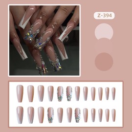 White French Tips Press on Nails Long Square Fake Nails Rhinestone Glue on Nails Flower Charm Stick on Nails Nude False Nails Glossy Reusable Acrylic Nails for Women Girls Manicure 24pcs